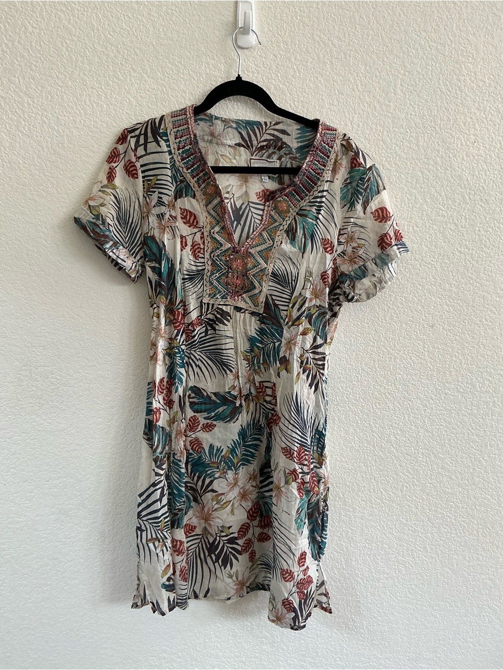 Johnny Was Ivory Tropical Print Short Dress with Teal & Rust Accents Size Large - Picture 2 of 9